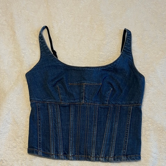 NWT Anthropologie Maeve Dark Wash Denim Tank Top Bustier Black Bow Zip Size 4 - Picture 1 of 4